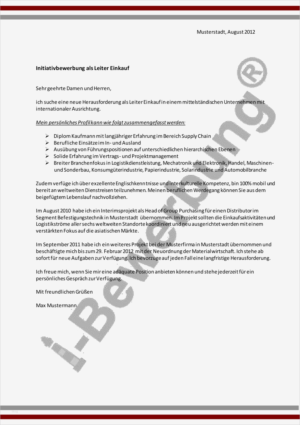 Bewerbungsschreiben Sätze Vorlagen Erstaunlich Anschreiben Beispiel Initiativbewerbung Leiter Einkauf