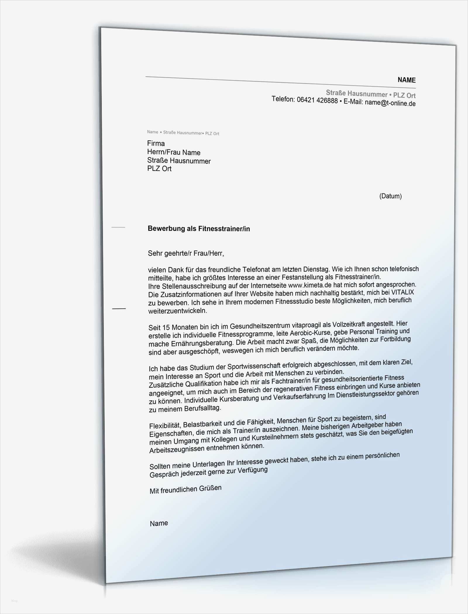 Businessplan Fitnessstudio Vorlage Schön Anschreiben Bewerbung Fitnesstrainer
