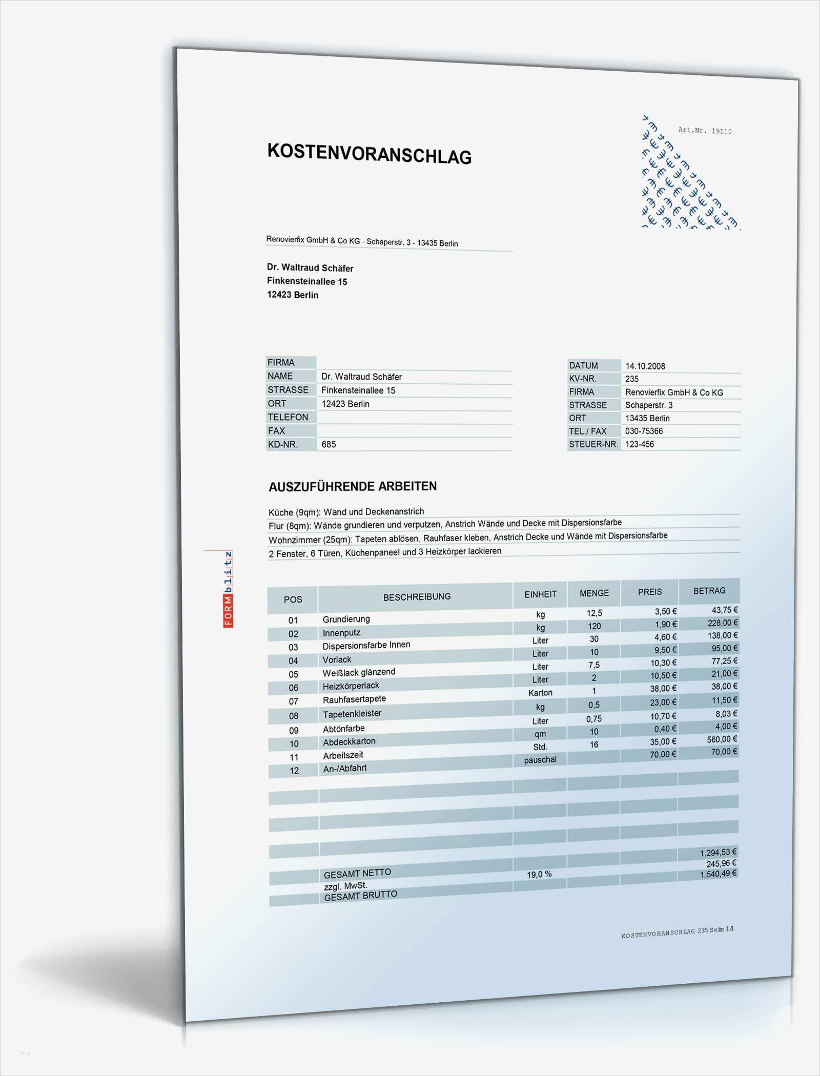 Businessplan Fitnessstudio Vorlage Süß Kostenvoranschlag Angebot Für Maler Und Lackierarbeiten