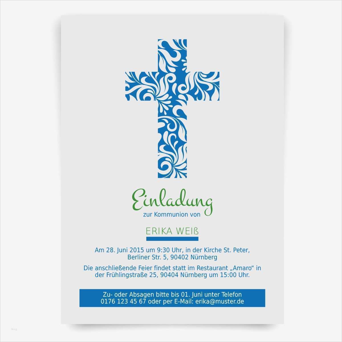 Dankeskarte Kommunion Vorlage Neu Einladungskarten Zur Kommunion Blumenkreuz Kreuz Blau