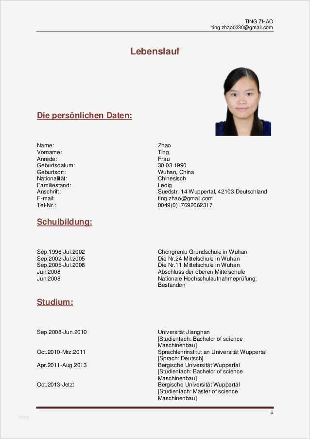 Deutscher Lebenslauf Vorlage Wunderbar Lebenslauf Von Ting Zhao