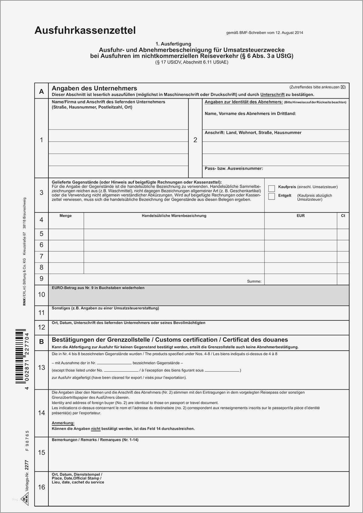 Din A4 Etiketten Vorlage Inspiration Rnk Verlag Vordruck Ausfuhrkassenzettel Din A4 Sd 2277
