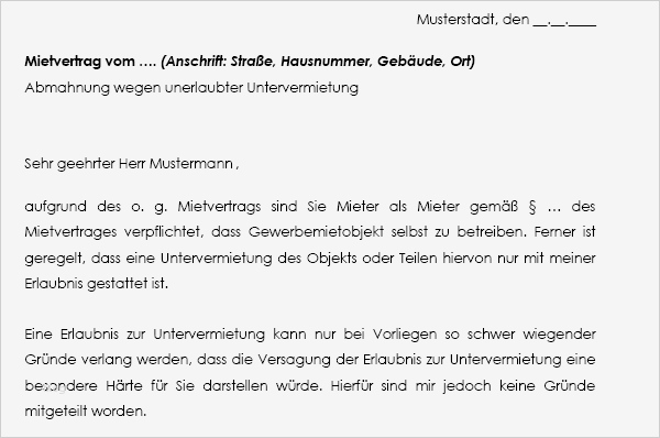 Erlaubnis Untervermietung Vorlage Wunderbar Abmahnungsschreiben Des Vermieters Wegen Unerlaubter