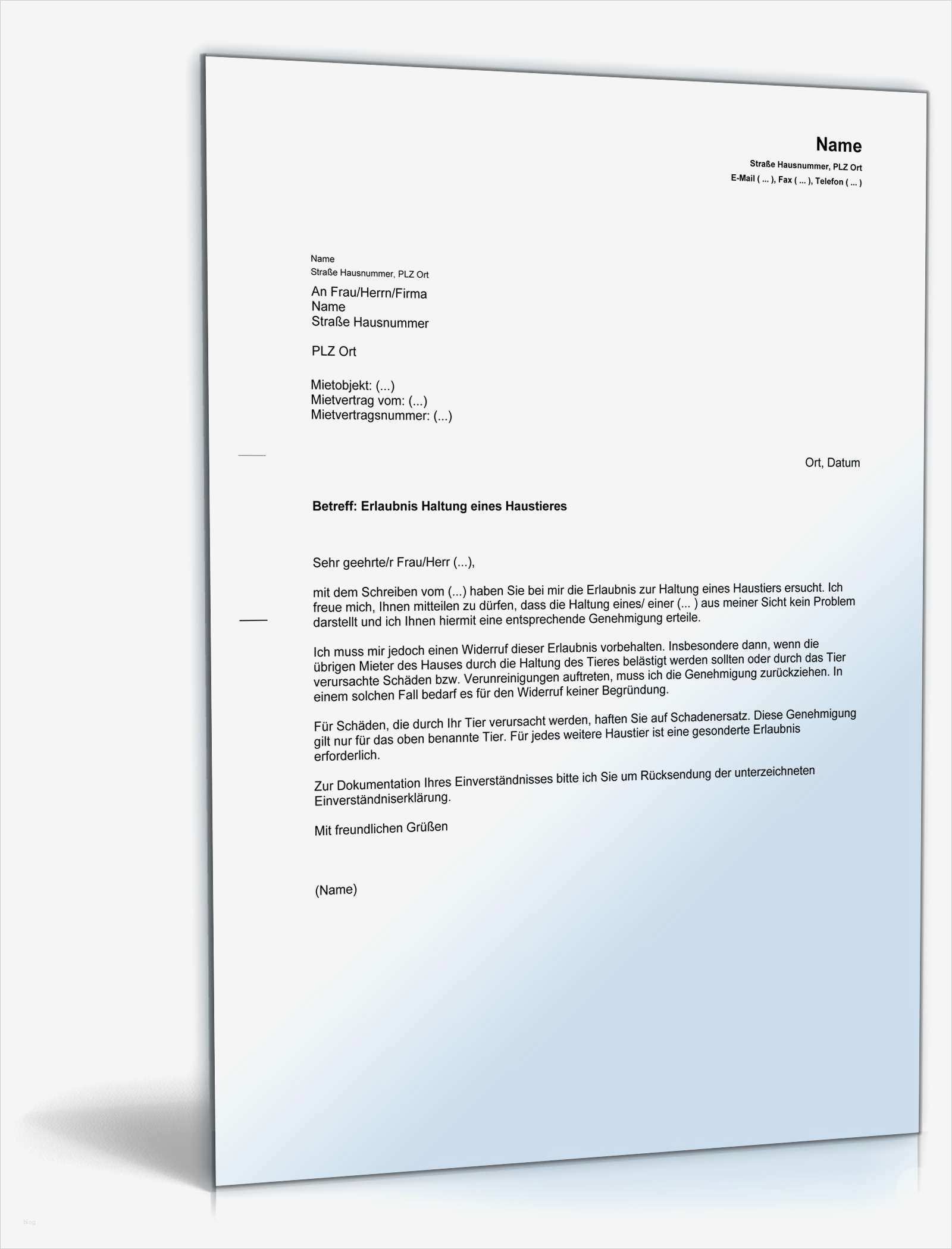 Erlaubnis Zur Untervermietung Vorlage Luxus Genehmigung Tierhaltung