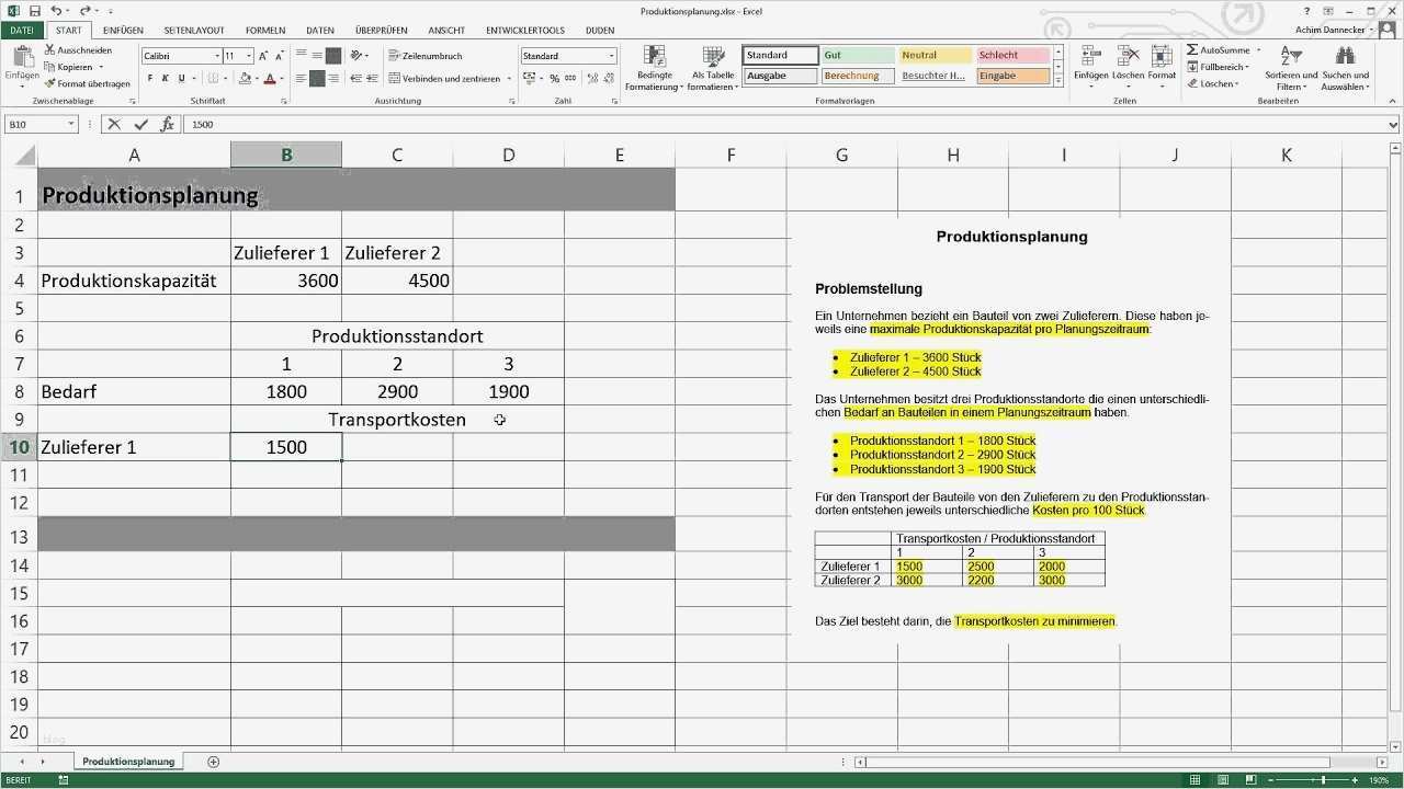 Excel Produktionsplanung Vorlage Großartig Excel solver Beispiel 02 Produktionsplanung