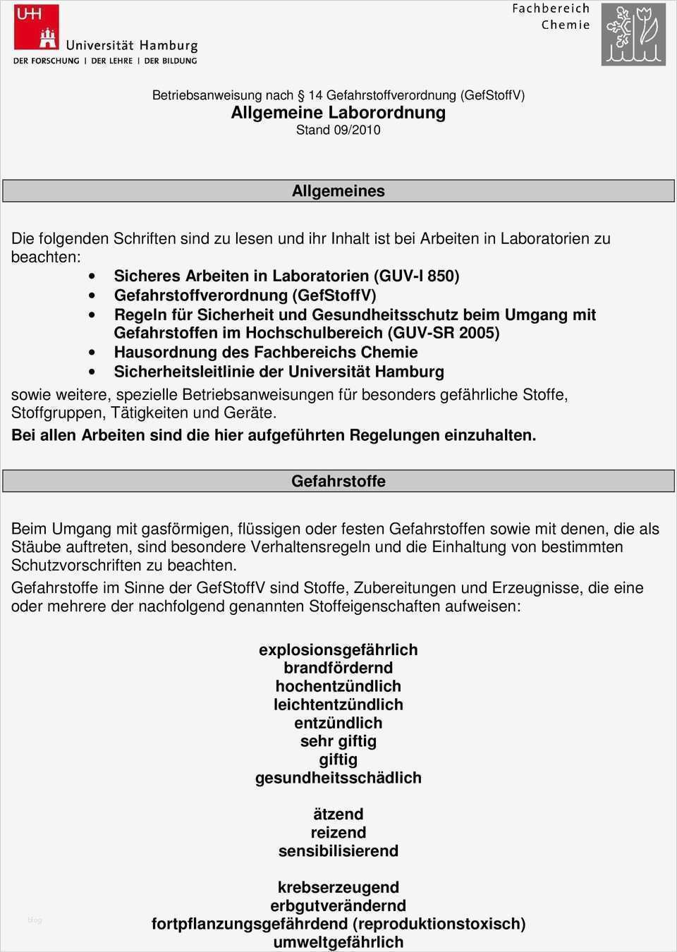 Gefährdungsbeurteilung Labor Vorlage Schönste Betriebsanweisung Nach 14 Gefahrstoffverordnung Gefstoffv