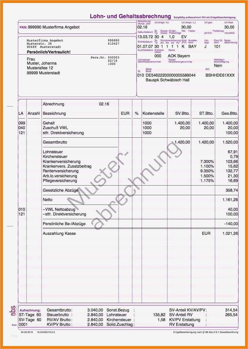 Gehaltsabrechnung 2017 Vorlage Luxus 10 Lohnabrechnung Muster 2016