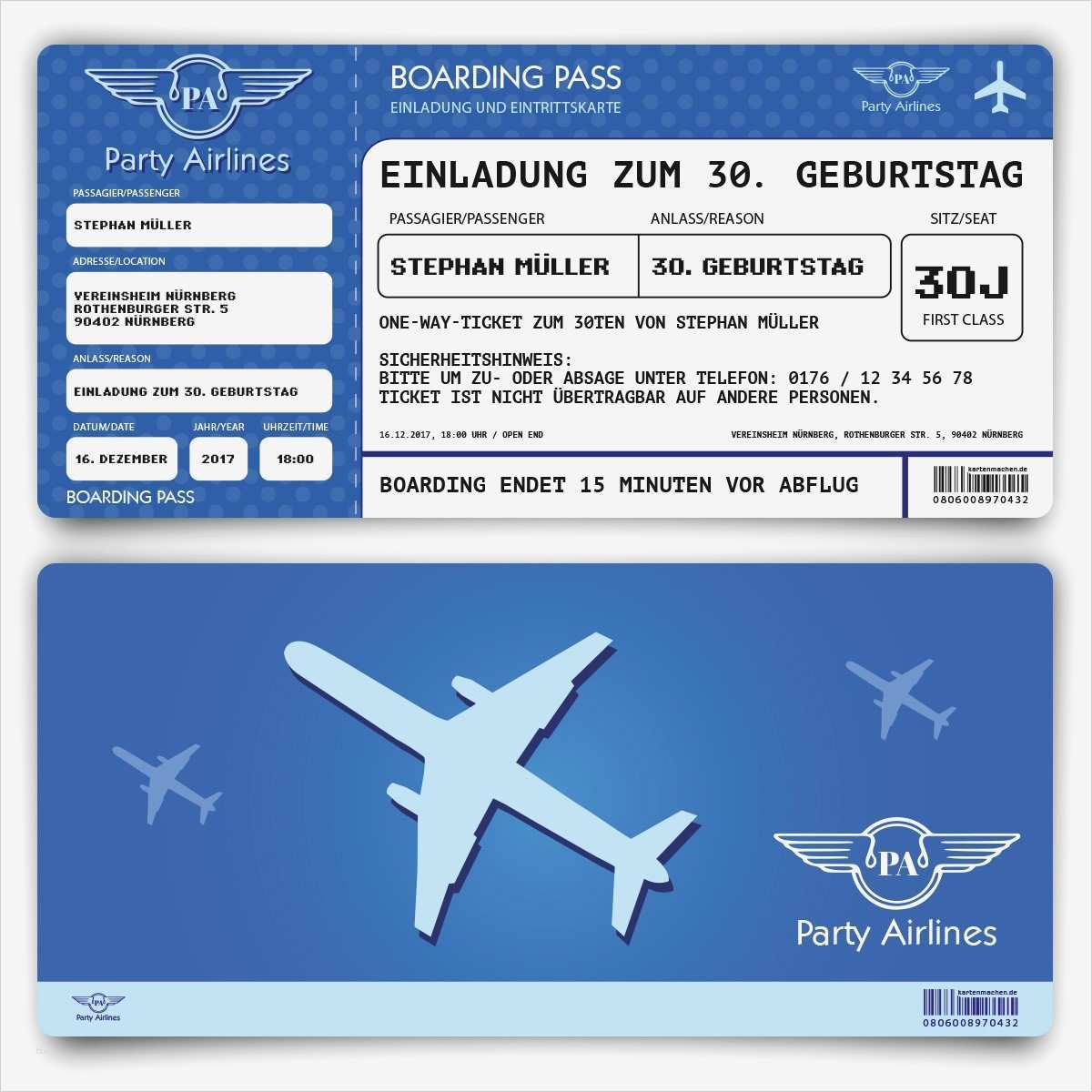 Gutschein Geschäftlich Vorlage Elegant Einladungskarten Als Flugticket In Blau Zum Geburtstag