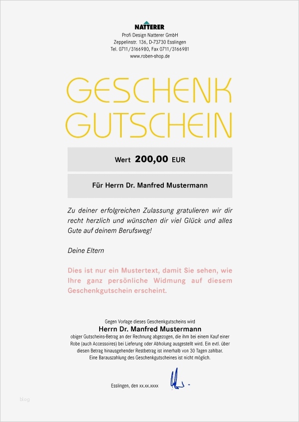 Gutschein Schreiben Vorlage Schönste Geschenkgutschein Für Den Kauf Einer Robe Natterer Roben