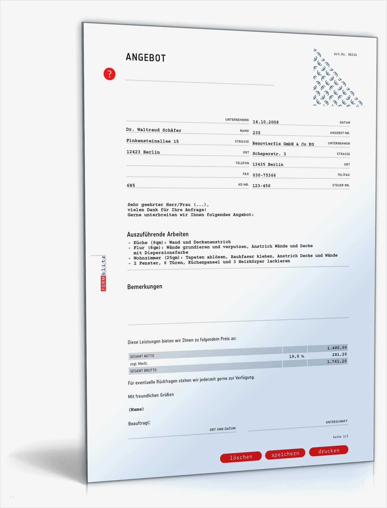 Handwerker Angebot Vorlage Angenehm Kostenvoranschlag Angebot Malerbetrieb Vorlagen Zum Download