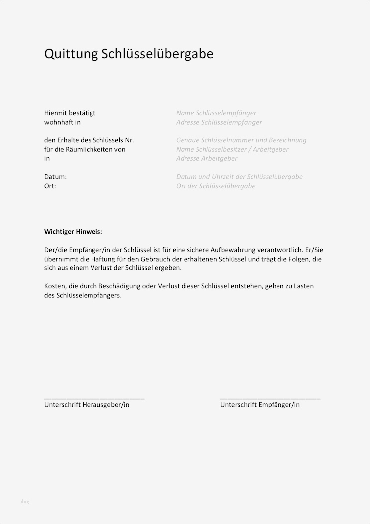 Schlüsselübergabe Vorlage & Empfangsbestätigung – Muster