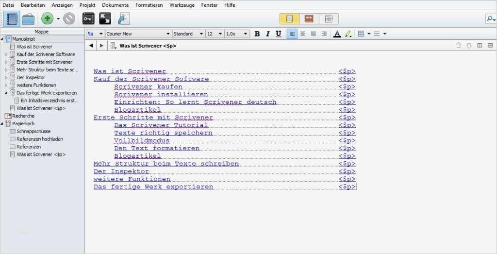 Scrivener Ein Inhaltsverzeichnis erstellen Liber Laetitia
