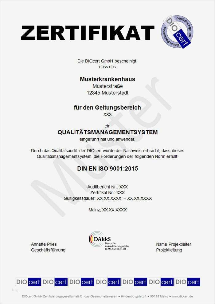 Iso 9001 Zertifizierung Vorlagen Muster Genial Din En iso Musterzertifikat Diocert Gmbh Qm