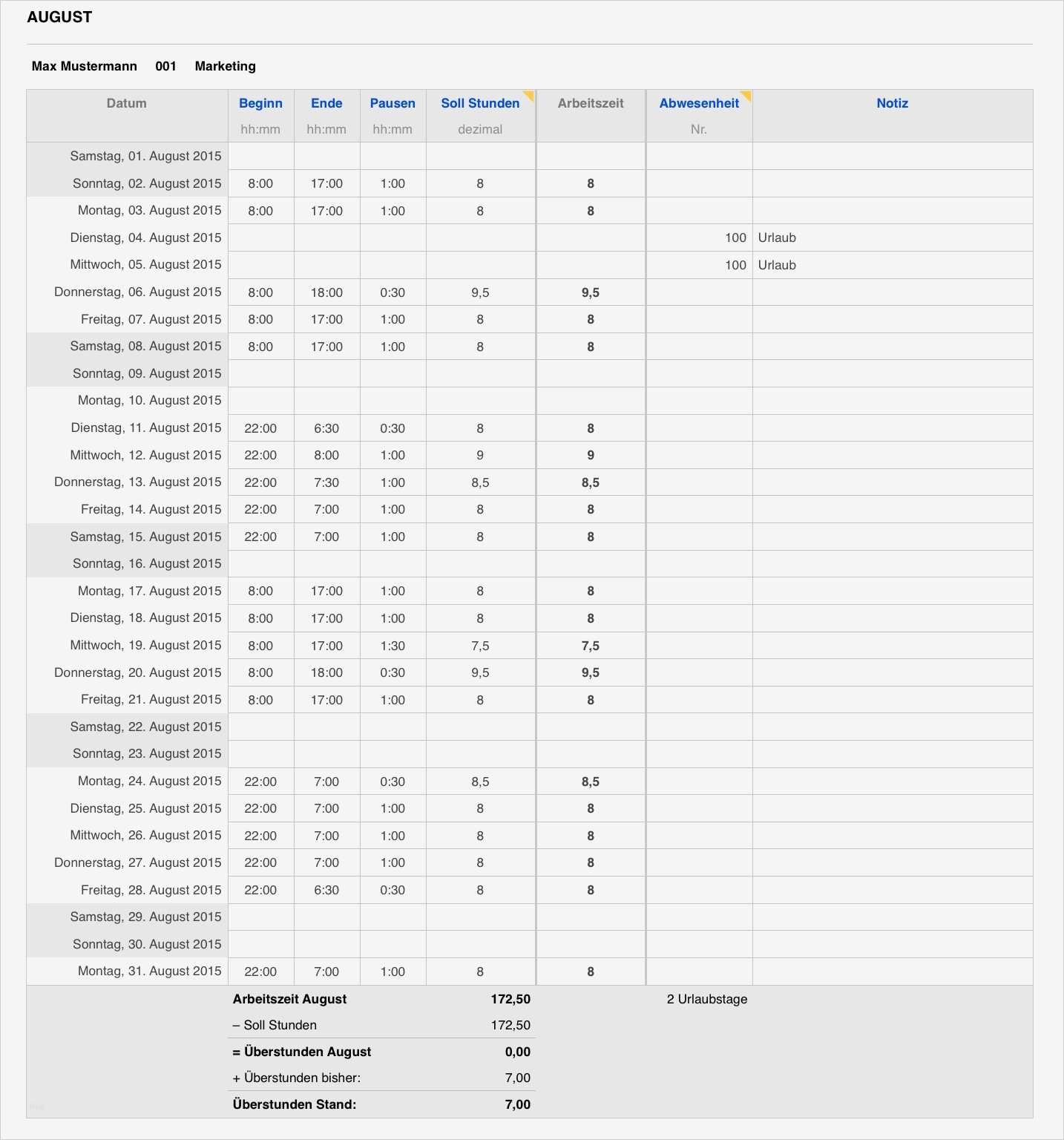 It Dokumentation Vorlage Excel Luxus Numbers Vorlage Arbeitszeit Zeiterfassung 2015