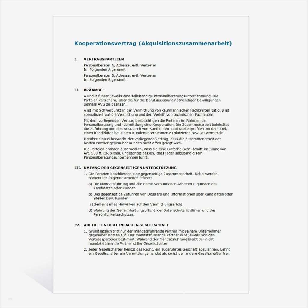 Kooperationsvertrag Vorlage Word Beste Muster Kooperationsvertrag Akquisitionszusammenarbeit