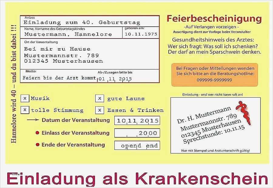 Krankenschein Einladung Vorlage Wunderbar Einladung Zum 40 Geburtstag Kostenlos Download