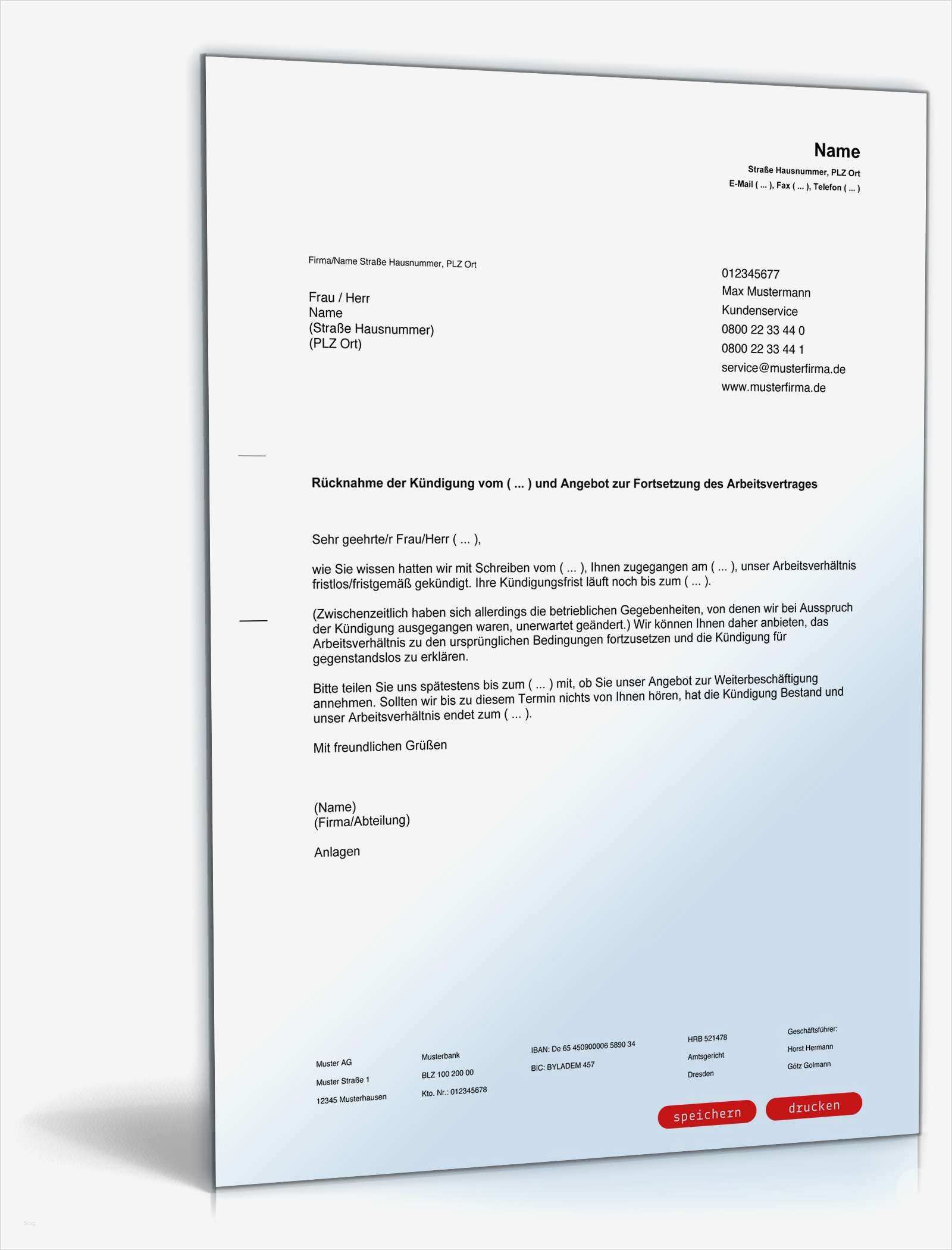 Kündigungsschreiben Arbeitnehmer Vorlage Probezeit Großartig Rücknahme Kündigung Arbeitsvertrag