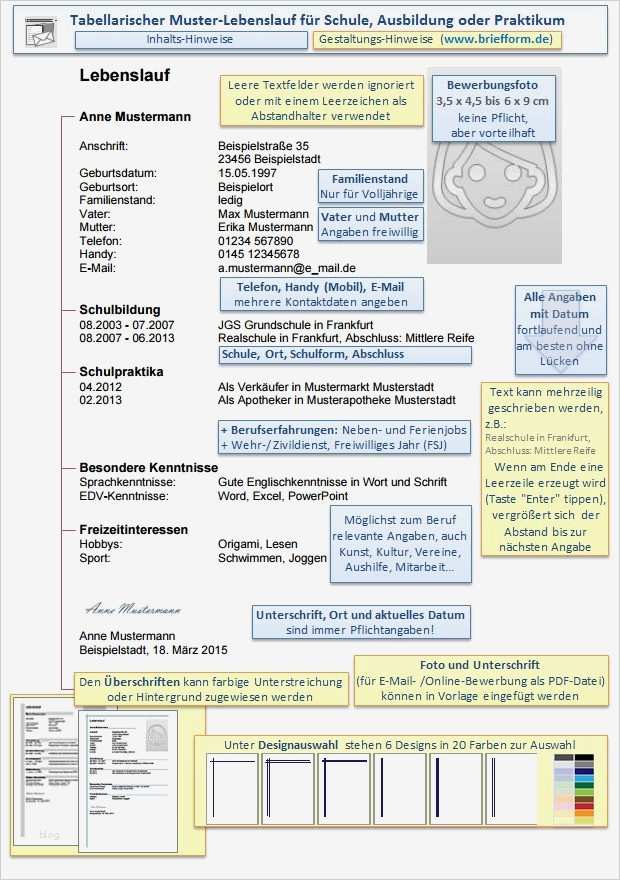 Muster Lebenslauf mit Hinweisen