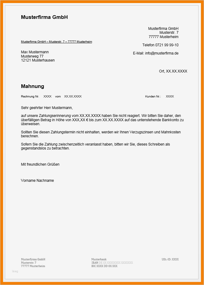 Mahnung Vorlage Kostenlos Gut 7 Schreiben Muster