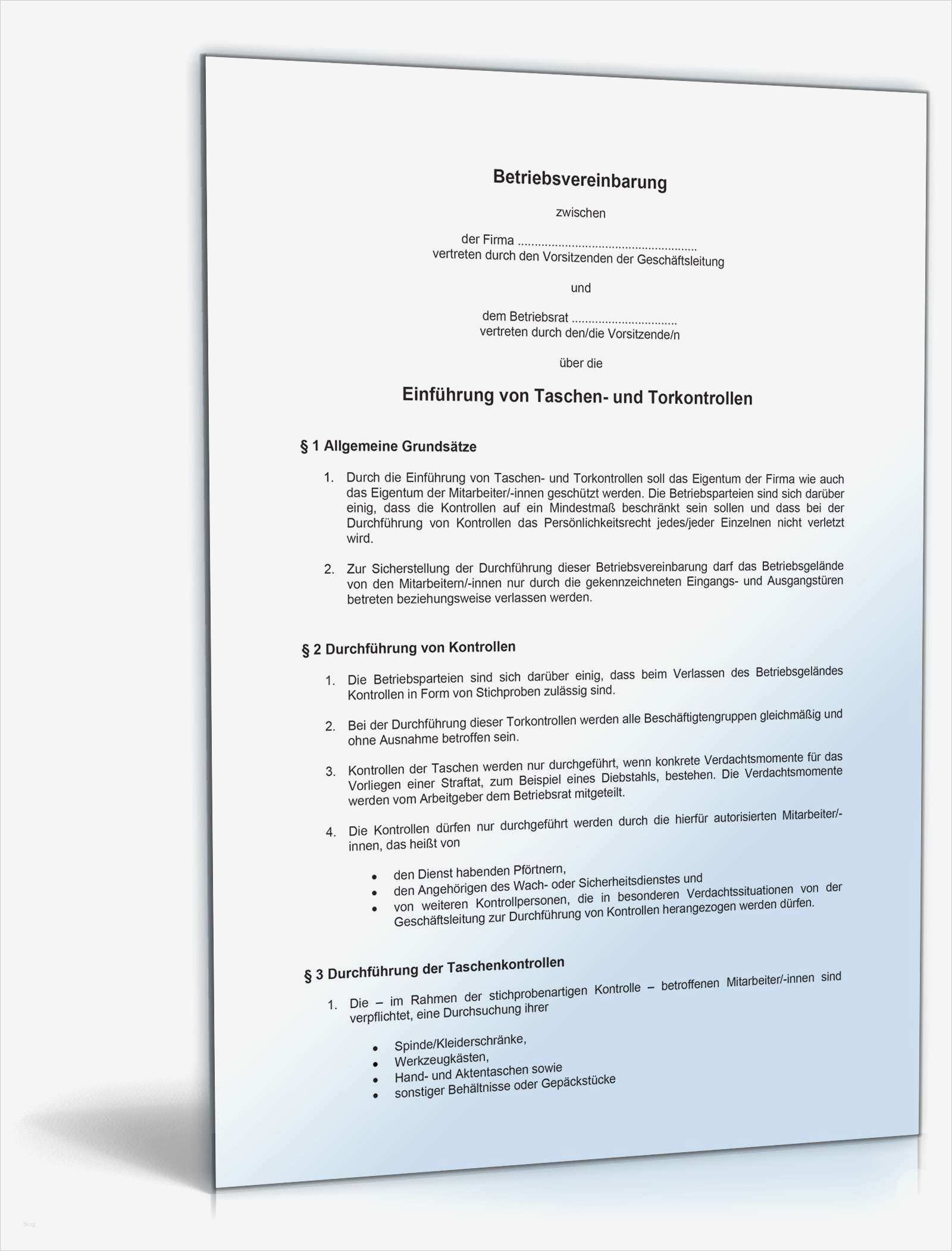 Managed Service Vertrag Vorlage Fabelhaft Betriebsvereinbarung Taschen Und torkontrolle Muster