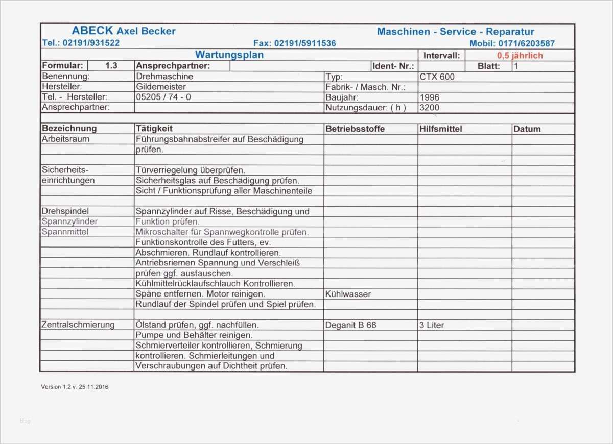 Maschinen Wartungsplan Vorlage Wunderbar Wartungsplan Muster Fantastisch Wartungsblatt Vorlage
