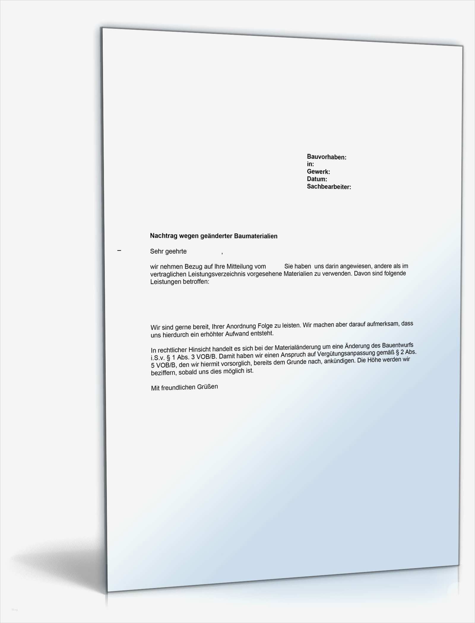 Nachtrag Mietvertrag Eigentümerwechsel Vorlage Süß Musterbrief Nachtrag Wegen Geänderter Baumaterialien