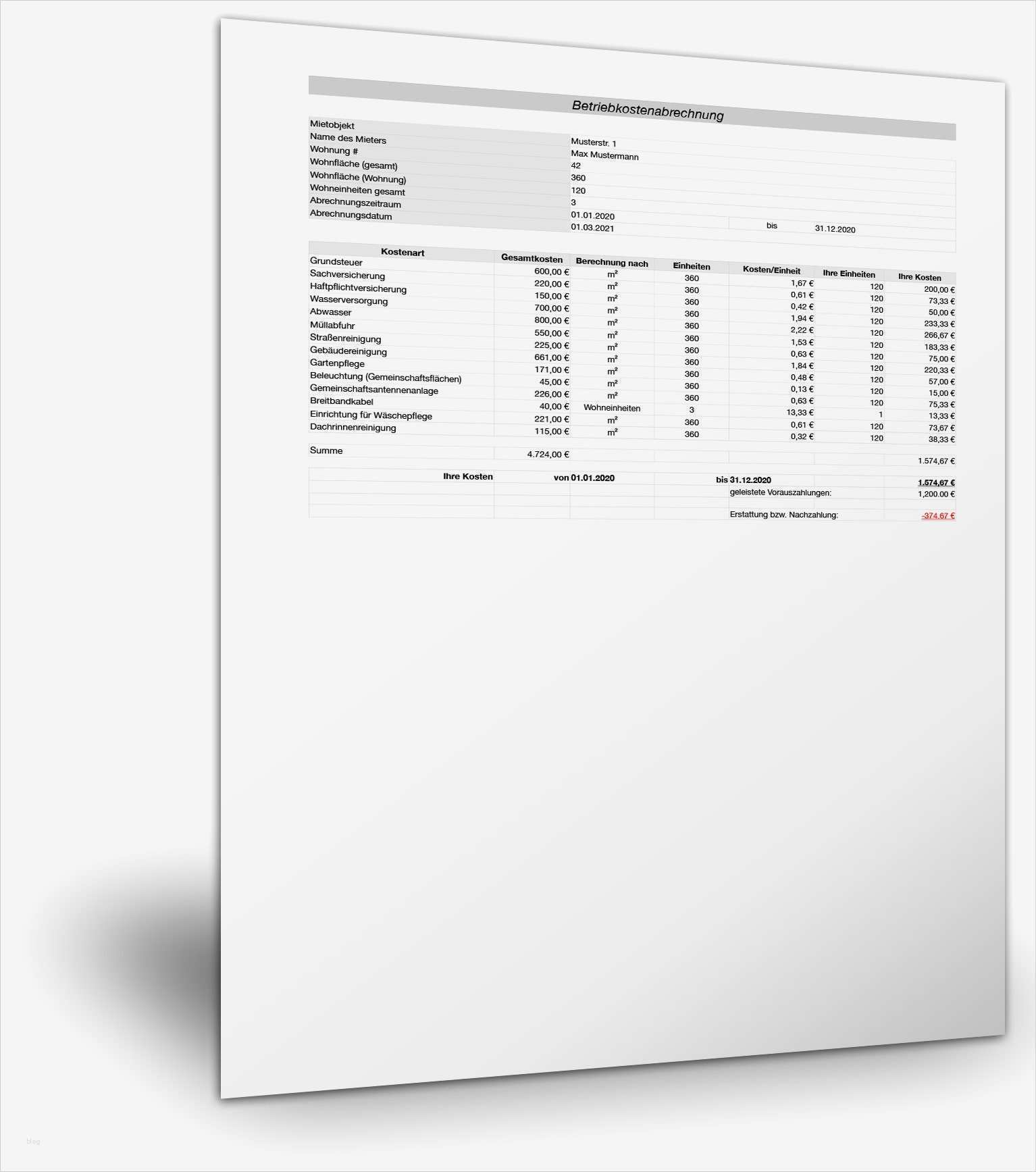 Nebenkostenabrechnung Mieter Vorlage Best Of Kostenlose Mustervorlage Betriebskostenabrechnung