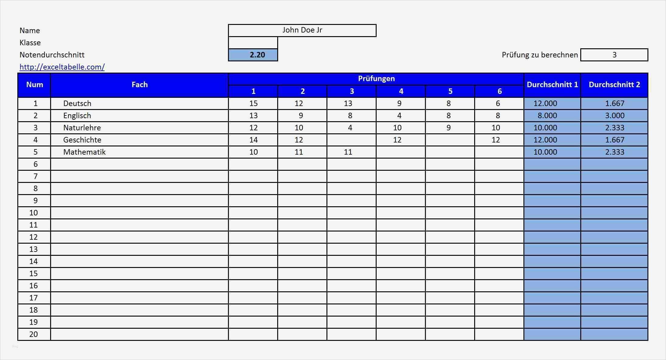 Notendurchschnitt Excel Vorlage Wunderbar Excel Tabelle Part 2