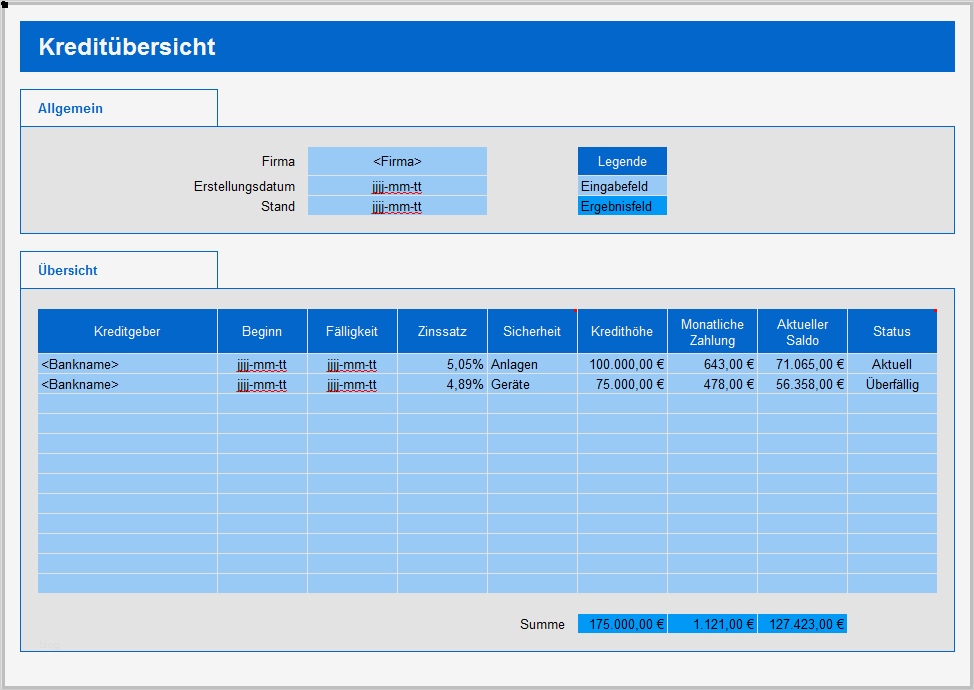 Openoffice Calc Vorlagen Kostenlos Süß Kreditübersicht–kostenlose Vorlage