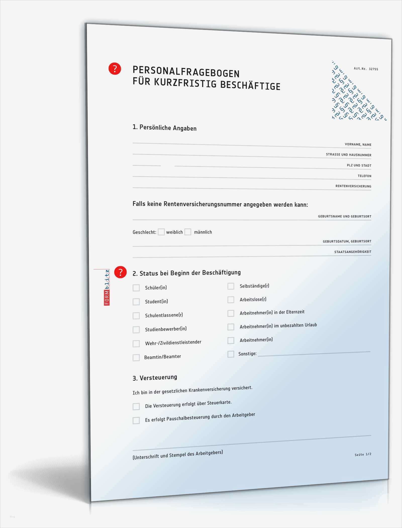 Personalfragebogen Vorlage Excel Großartig Personalfragebogen Für Kurzfristig Beschäftige Muster