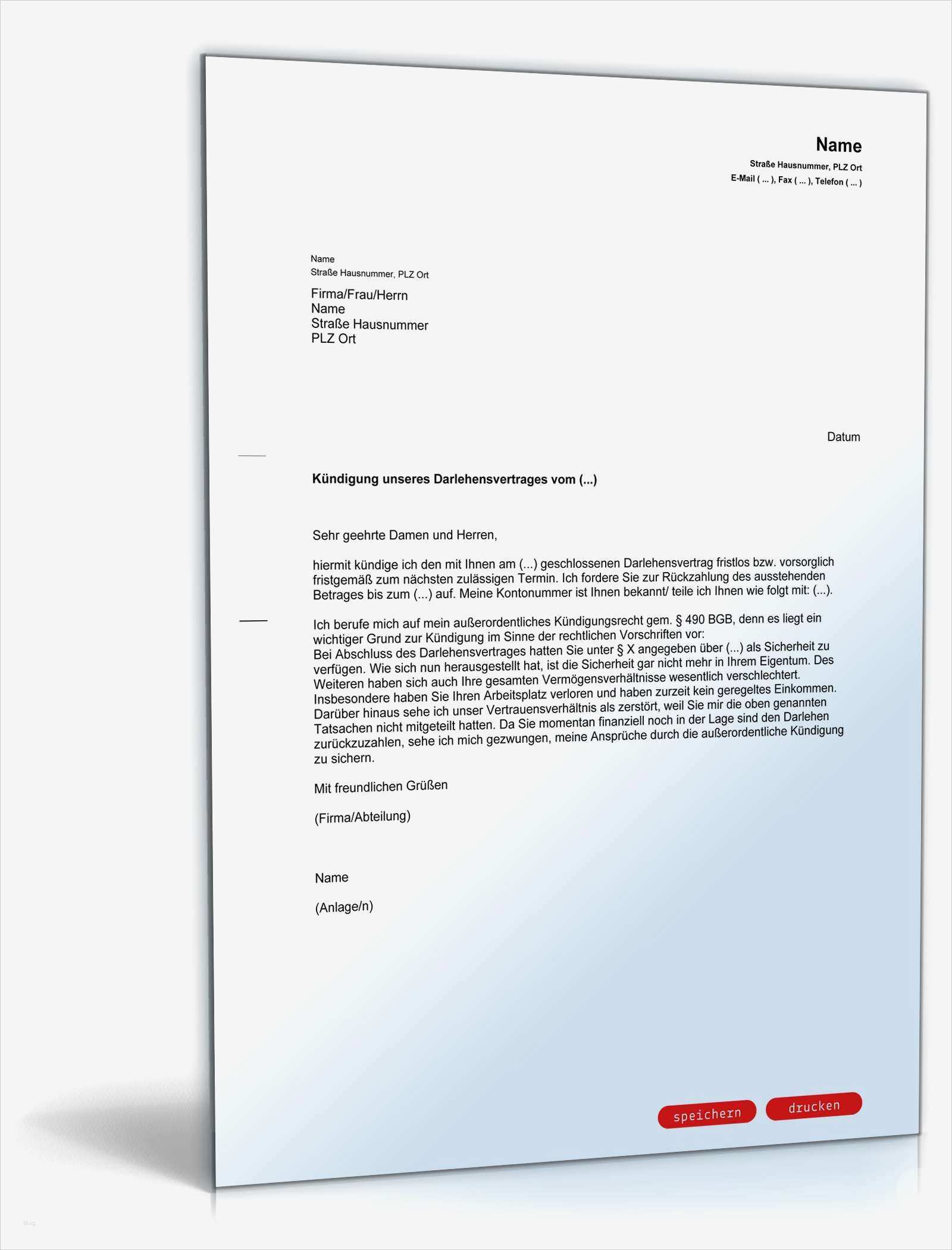 Privater Kreditvertrag Zinslos Vorlage Luxus Fristlose Kündigung Darlehensvertrag Durch Darlehensgeber