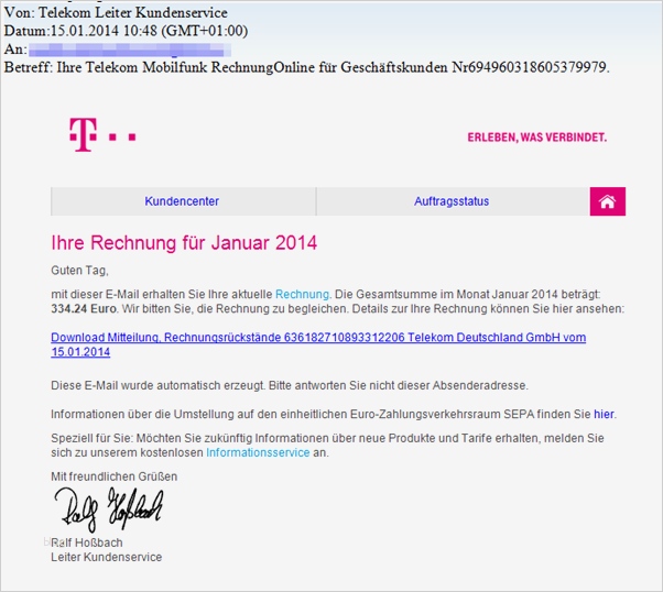Rechnung E Mail Vorlage Elegant Trojaner Warnung Telekom Rechnung Für Januar 2014 • Mimikama