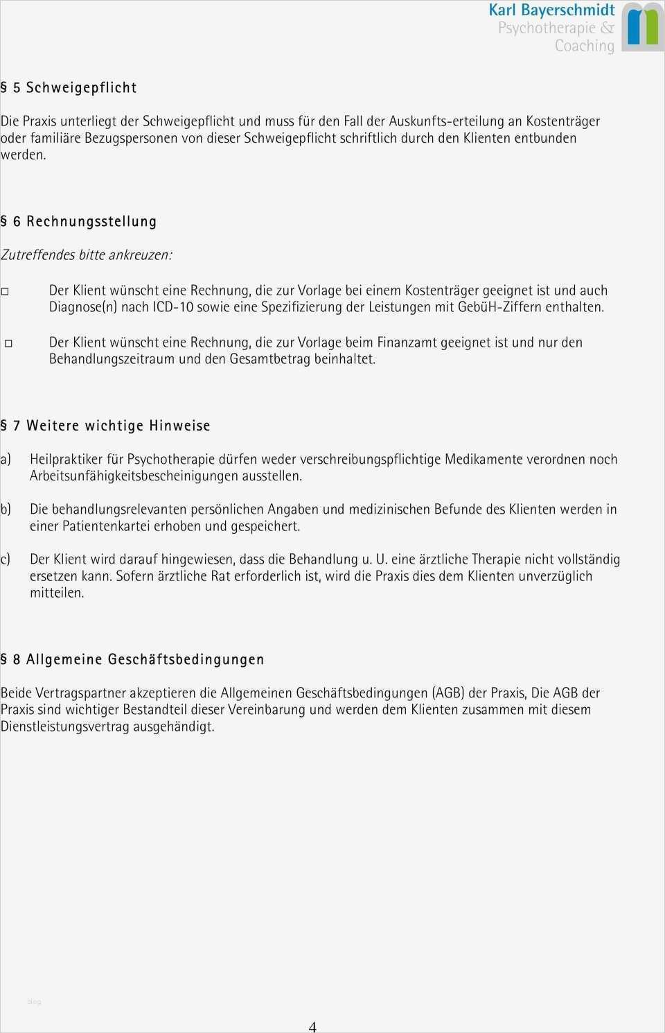 Rechnung Psychotherapie Vorlage Schönste Dienstleistungsvertrag Pdf