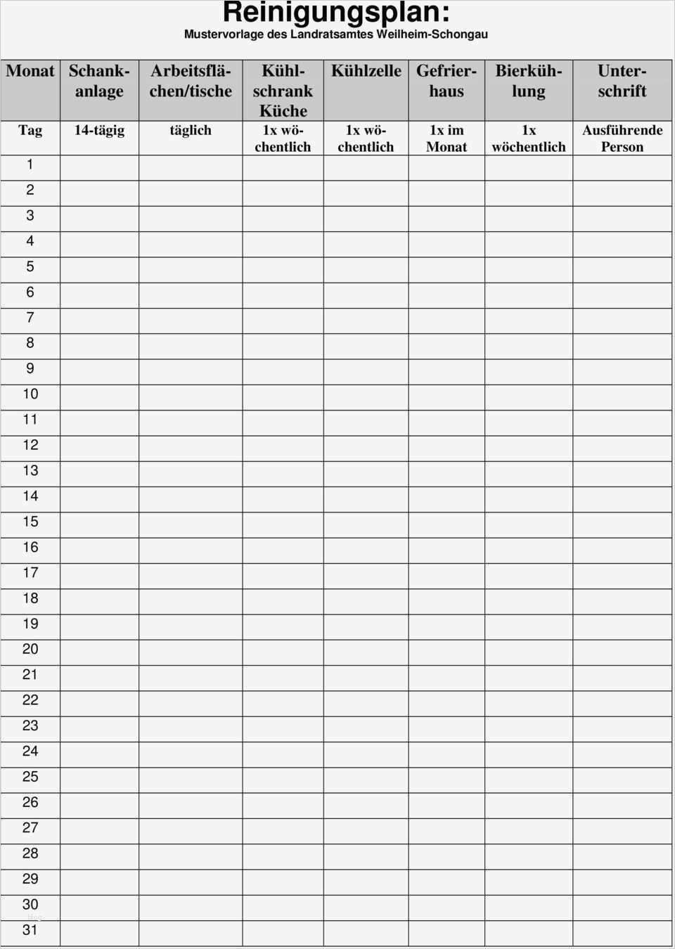 Reinigungsplan Küche Gastronomie Vorlage Süß Reinigungsplan Mustervorlage Des Landratsamtes Weilheim