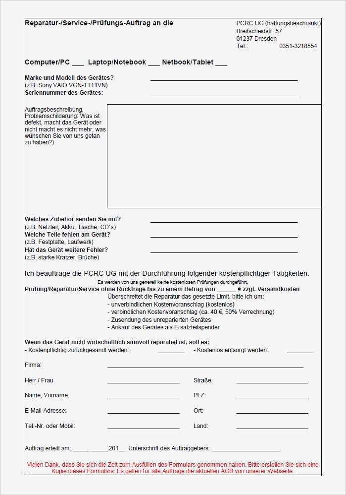 Reparatur Auftragsschein Vorlage Beste Pc Reparatur Center Reparaturauftrag An Das Pc Reparatur