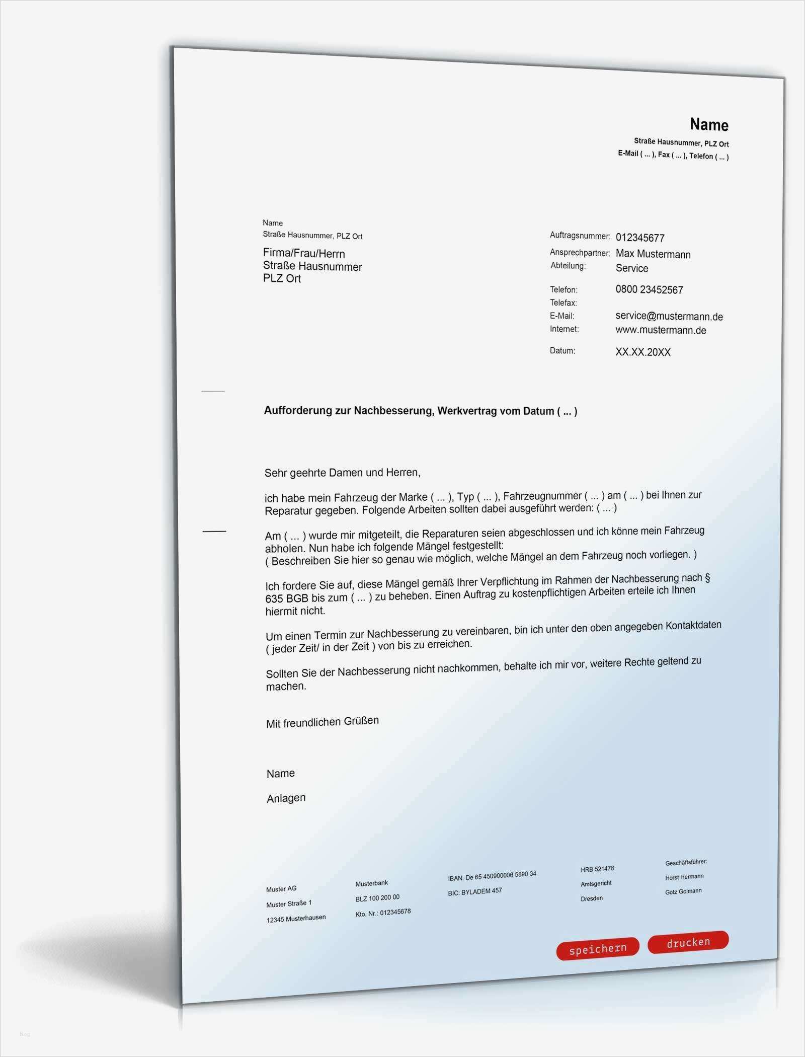 Reparatur Auftragsschein Vorlage Bewundernswert Aufforderung Nachbesserung Bei Mangelhafter Reparatur