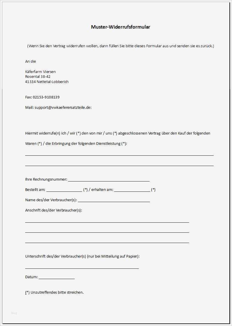Reparatur Auftragsschein Vorlage Elegant Widerruf Muster formular Widerruf Muster formular