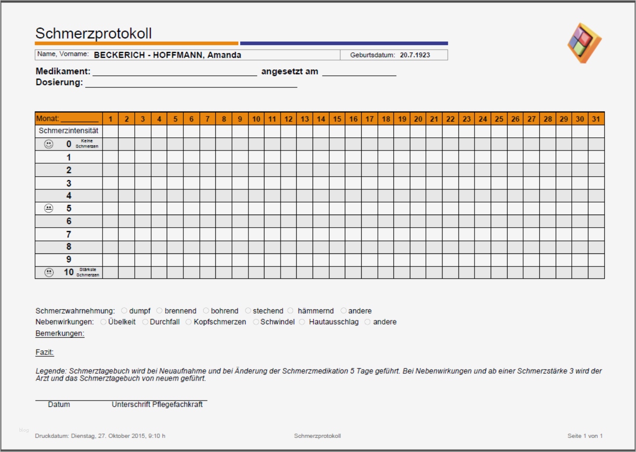 Schmerztagebuch Vorlage Excel Bewundernswert formularcenter