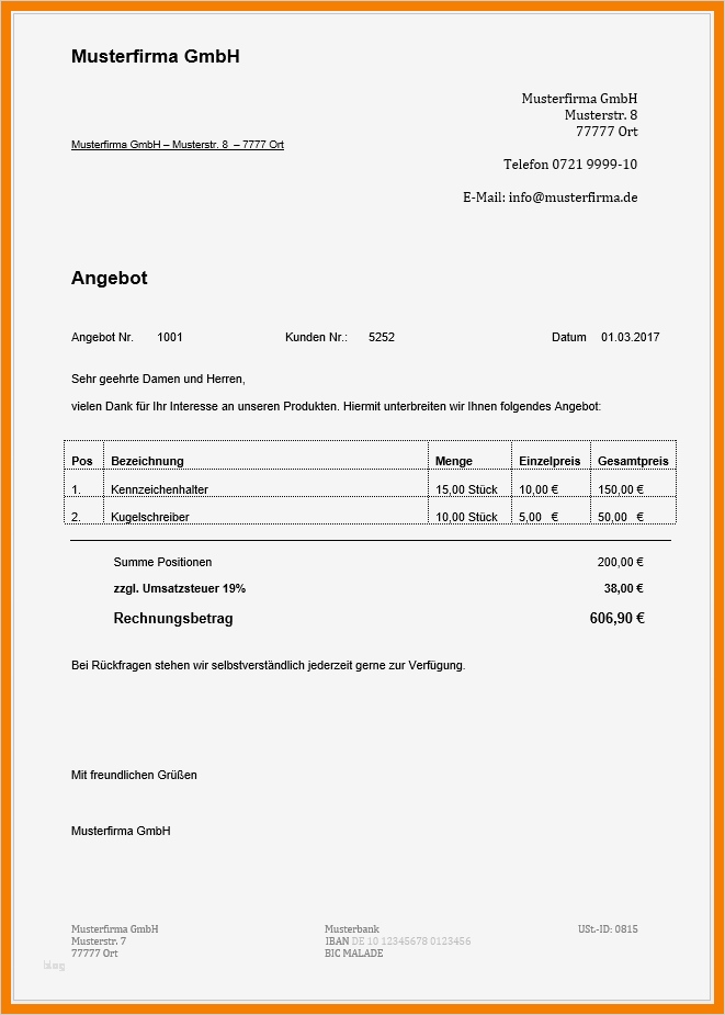 Schriftliches Angebot Vorlage Erstaunlich 7 Angebot Unterbreiten Muster