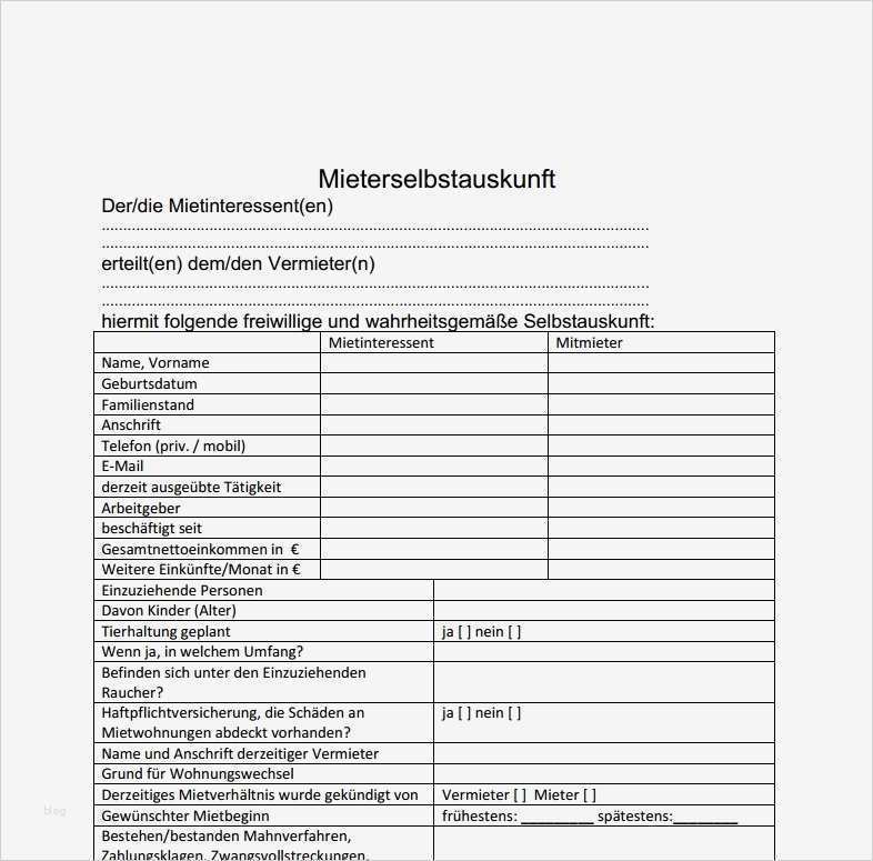 Selbstauskunft Vorlage Mieter Wunderbar Mieter Selbstauskunft formular Download – Giga