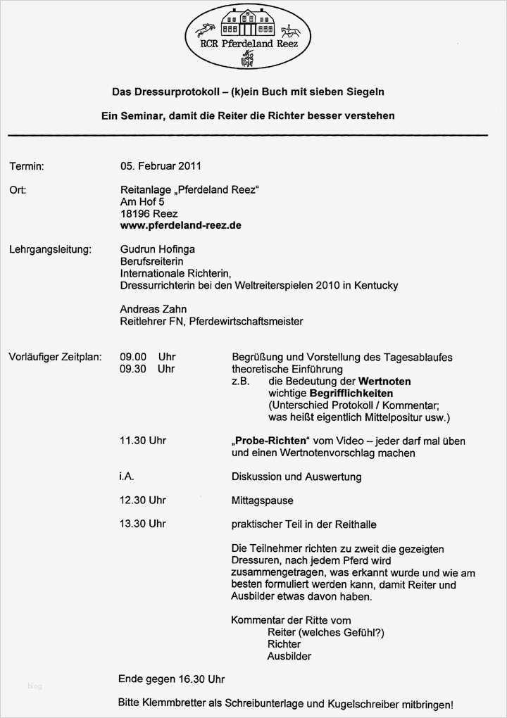 Seminar Protokoll Vorlage Schönste Ankündigung Seminar Dressurprotokoll Horse Media Wego