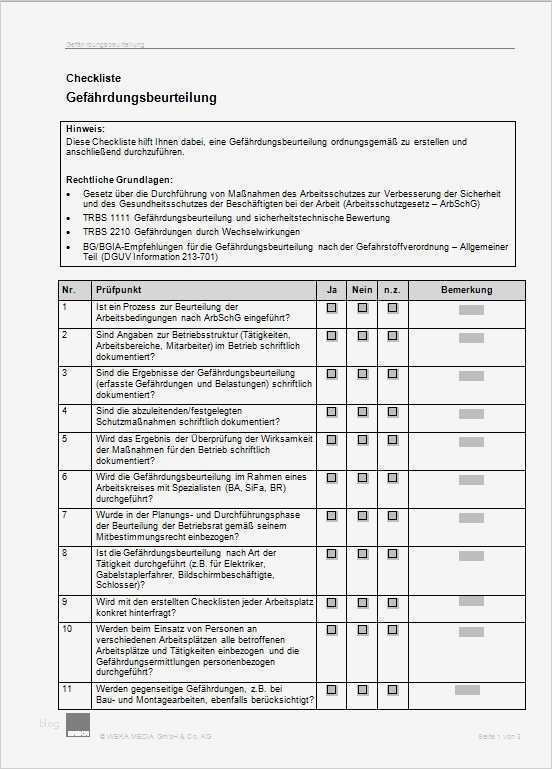Sicherheitsunterweisung Fremdfirmen Vorlage Erstaunlich Checkliste Gefährdungsbeurteilung