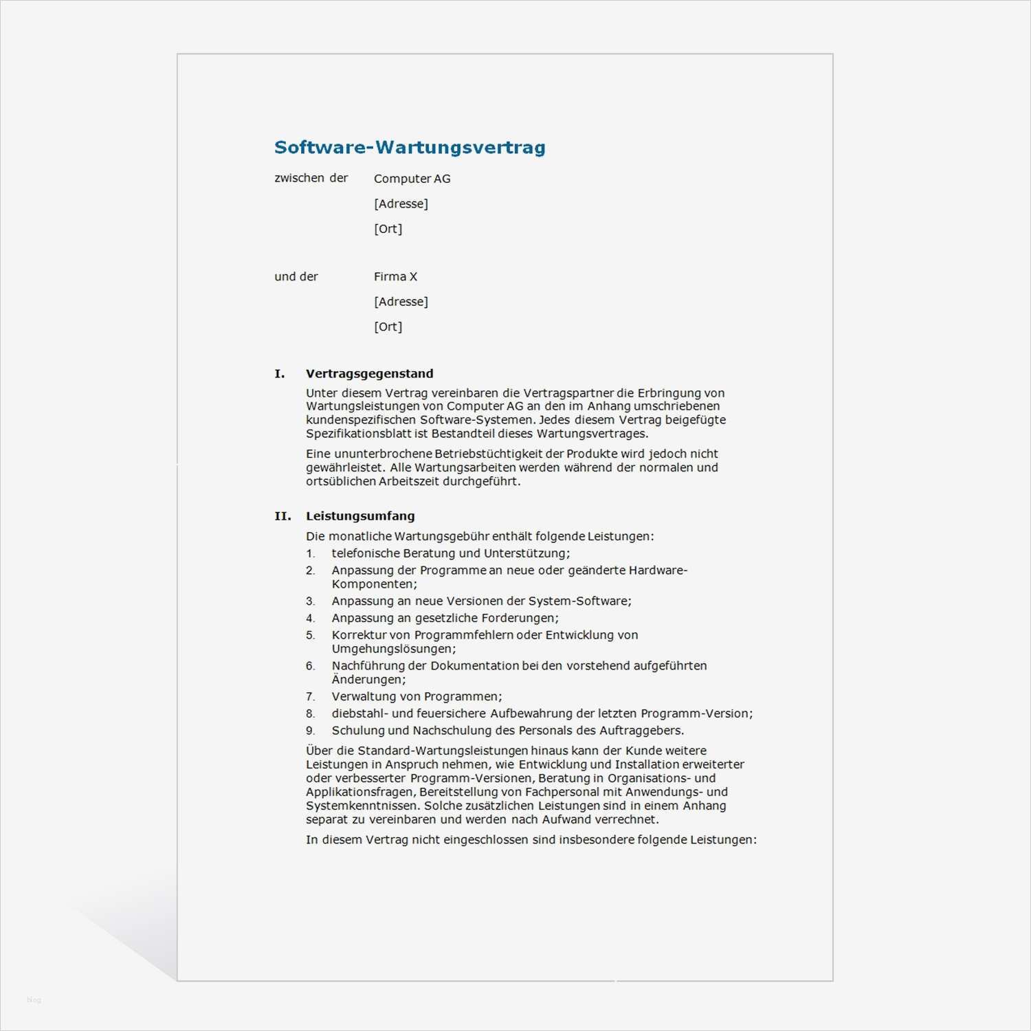 Software Wartungsvertrag Vorlage Best Of Muster software Wartungsvertrag