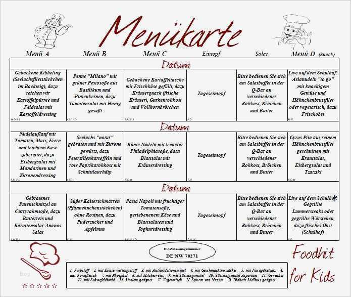 Speiseplan Kindergarten Vorlage Gut Menü Für Woche Varizen