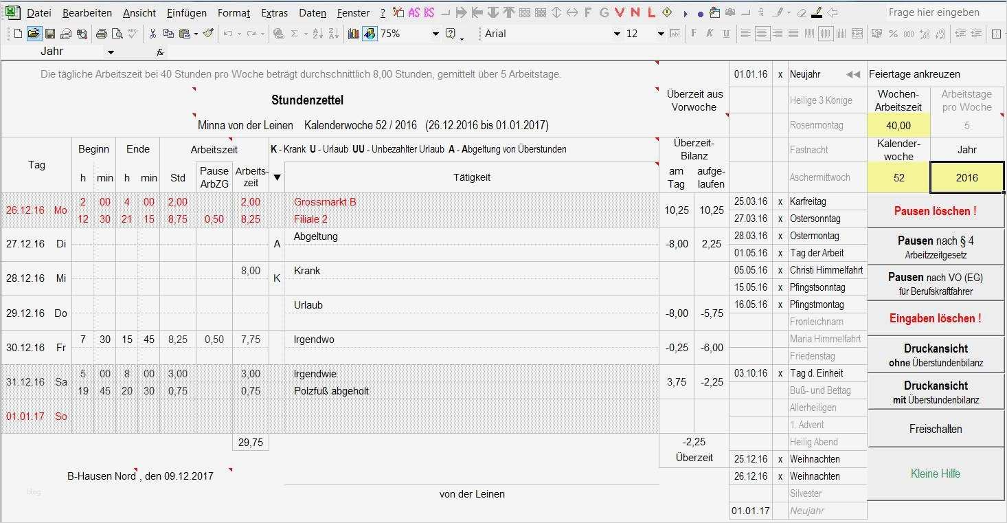 Spesenabrechnung Vorlage Für Kraftfahrer Neu Stundenzettel In Excel