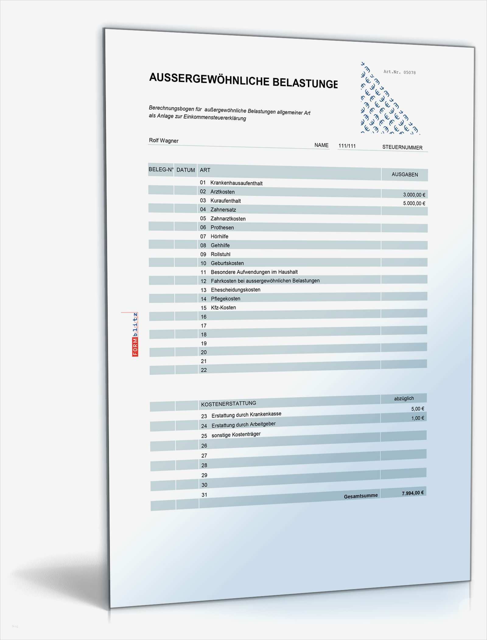 Steuererklärung Vorlage 2017 Großartig Rechentabelle Werbungskosten Außergewöhnliche Belastungen