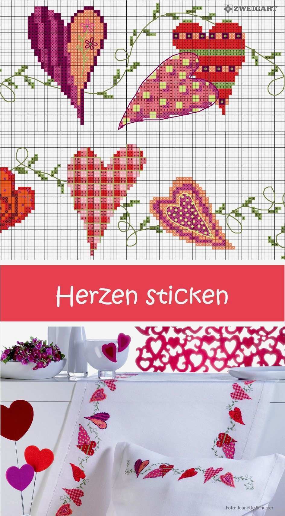 Stickbilder Vorlagen Kostenlos Schönste Romantische Herzen Auf Kissen Oder Tischläufer Sticken