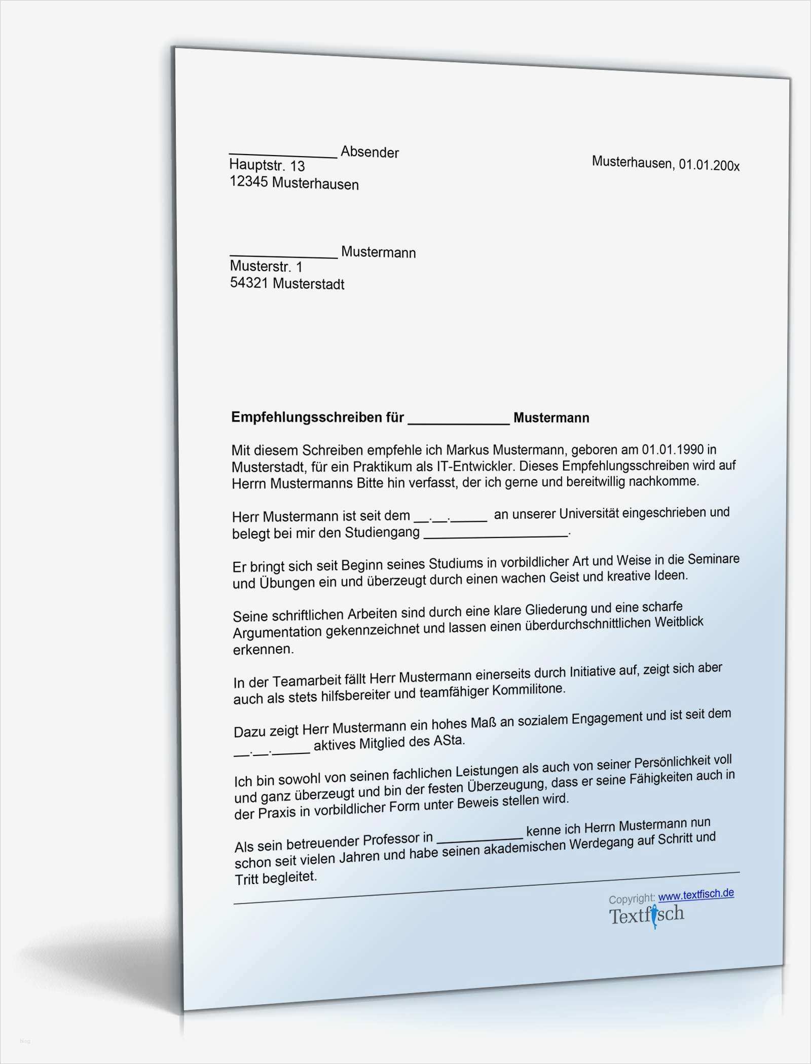 Empfehlung eines Studenten für ein Praktikum Muster zum