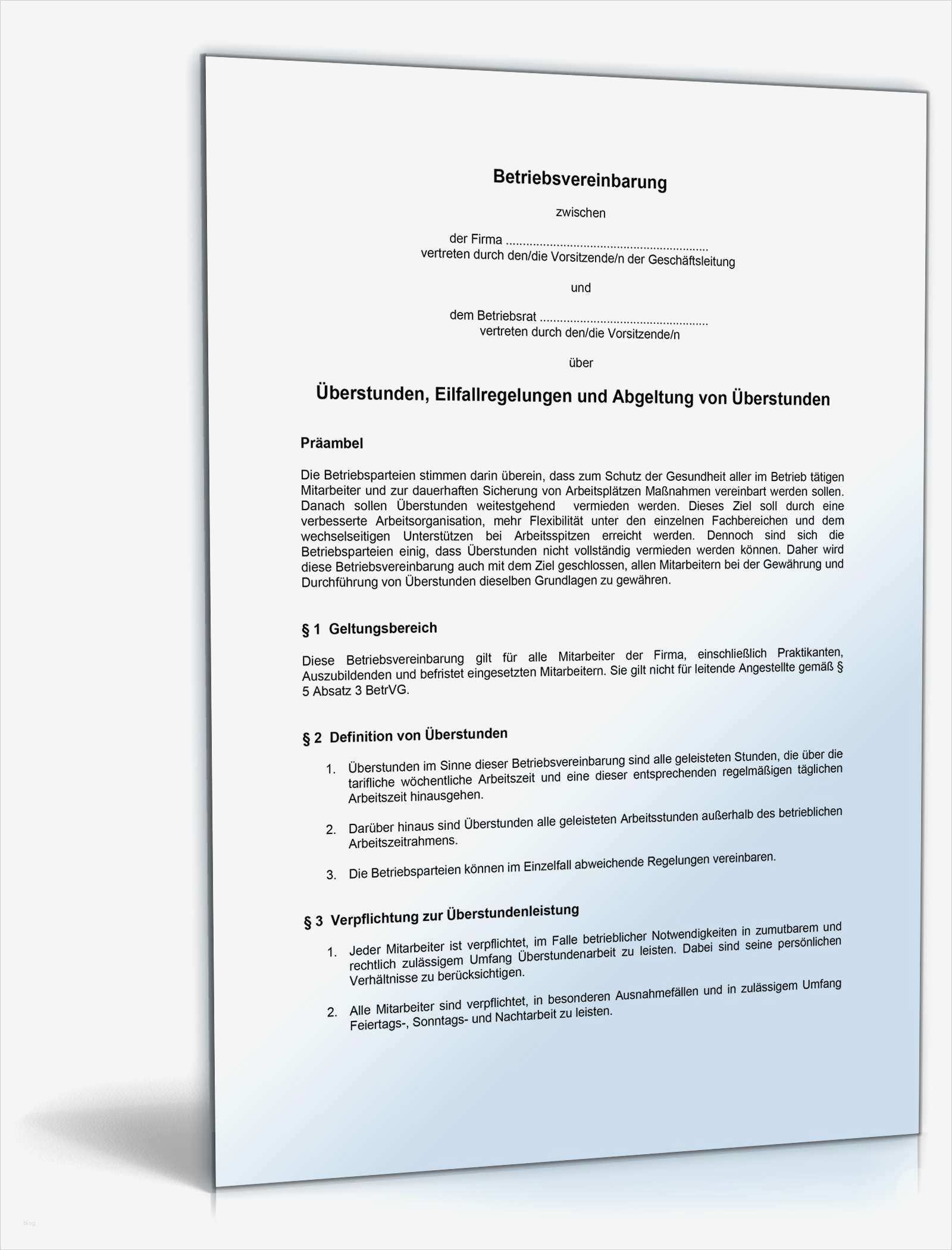 Vereinbarung überstunden Vorlage Gut Betriebsvereinbarung Abgeltung Überstunden Muster