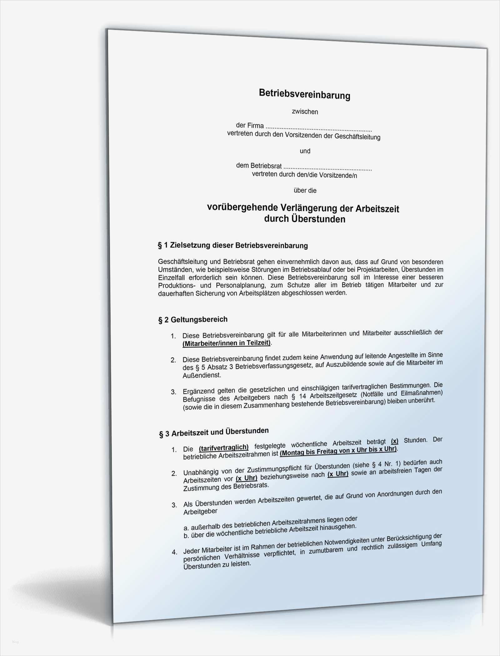 Vereinbarung überstunden Vorlage Luxus Betriebsvereinbarung Verlängerte Arbeitszeit Muster